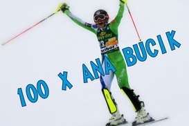 Ana Bucik, ki ima roke v zraku, z besedilom "100 X ANA BUCIK"